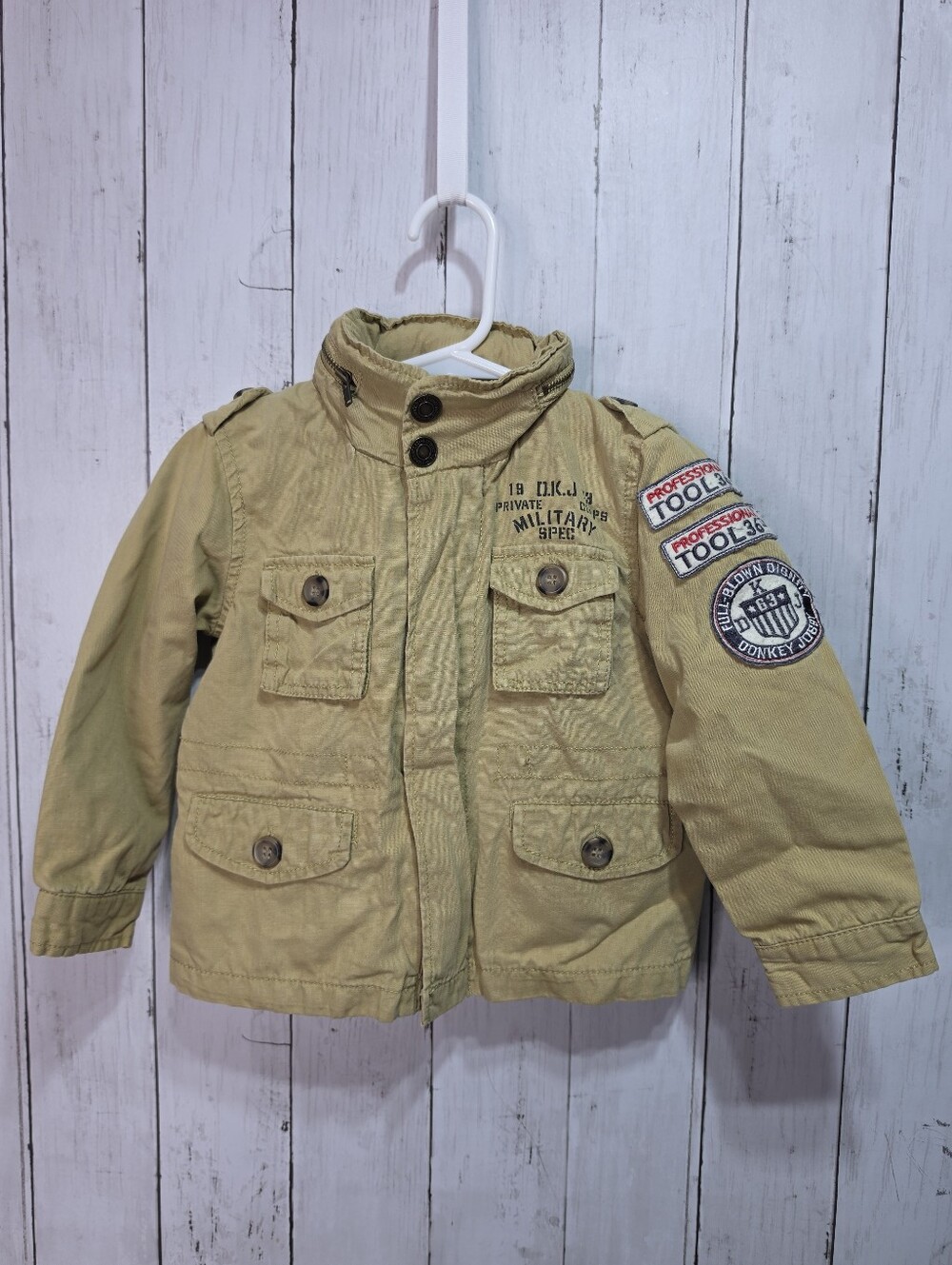 Donkey Jossy Japan Kids Military Style Tan Jacket Hooded Patches Size 95 (2T).
